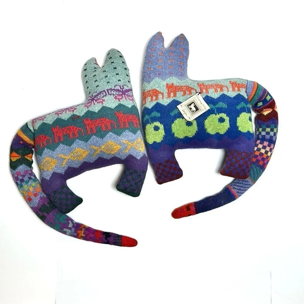 Pair Vintage 1986 Handloomed Wool Folk Art Cat Pillows Soft Sculptures Signed